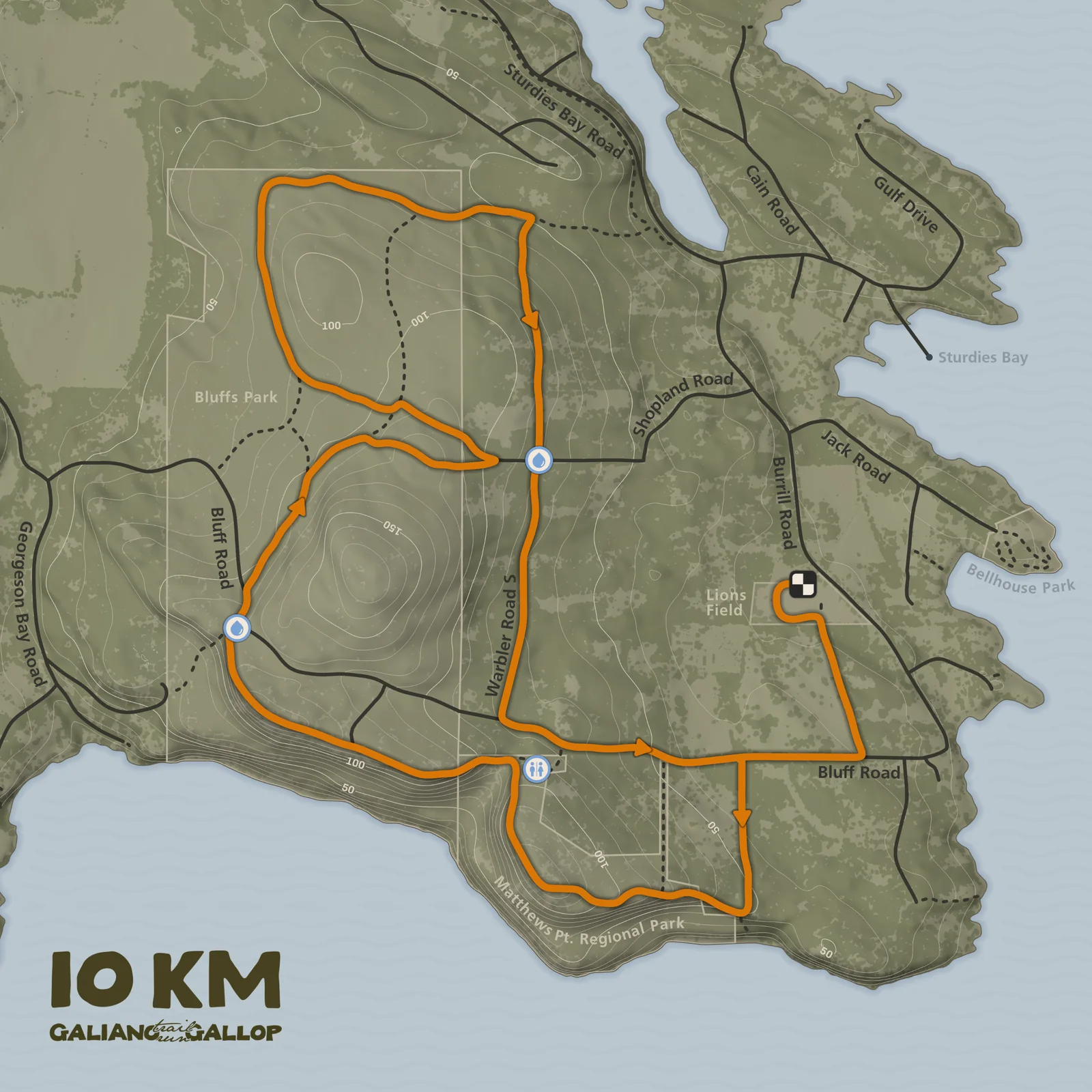 Map of the Galiano Gallop 10K course from Lions Field through Matthews Point Regional Park and Bluffs Park
