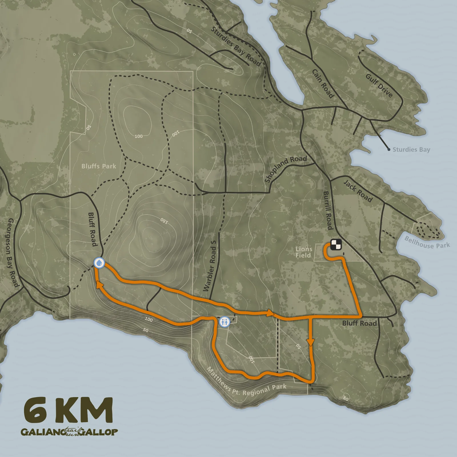 Map of the Galiano Gallop 6K course from Lions Field through Matthews Point Regional Park